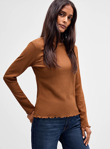 Contemporaine: Le t-shirt smock&eacute; bordures ondul&eacute;es Brun pour femme