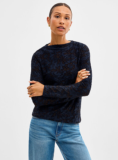 Contemporaine Navy/Midnight Blue Flocked flowers micromesh T-shirt for women