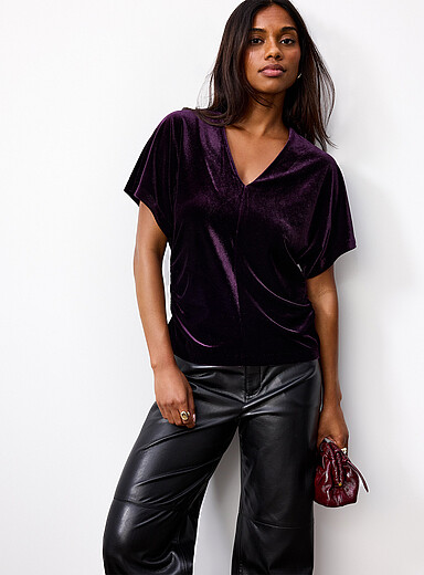 Contemporaine Grape/Dark Crimson Gathered waist velvet cap-sleeve T-shirt for women