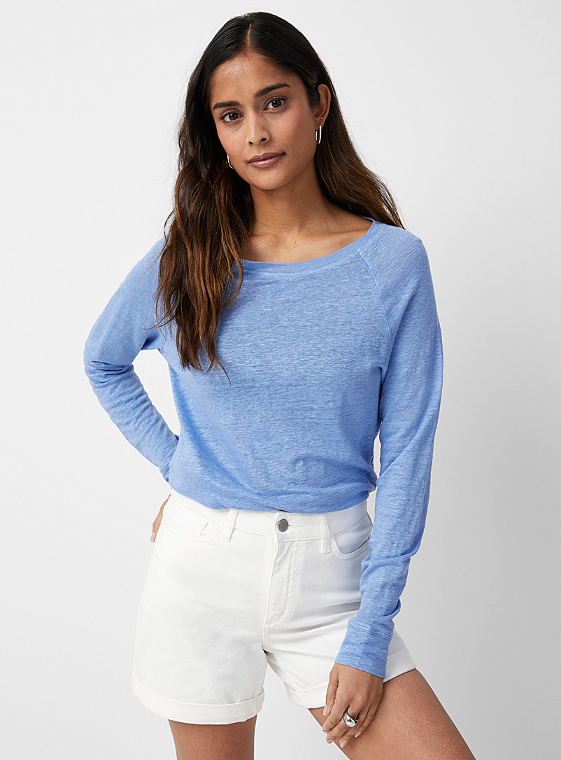 Contemporaine: Le t-shirt raglan pur lin Bleu moyen-ardoise pour femme