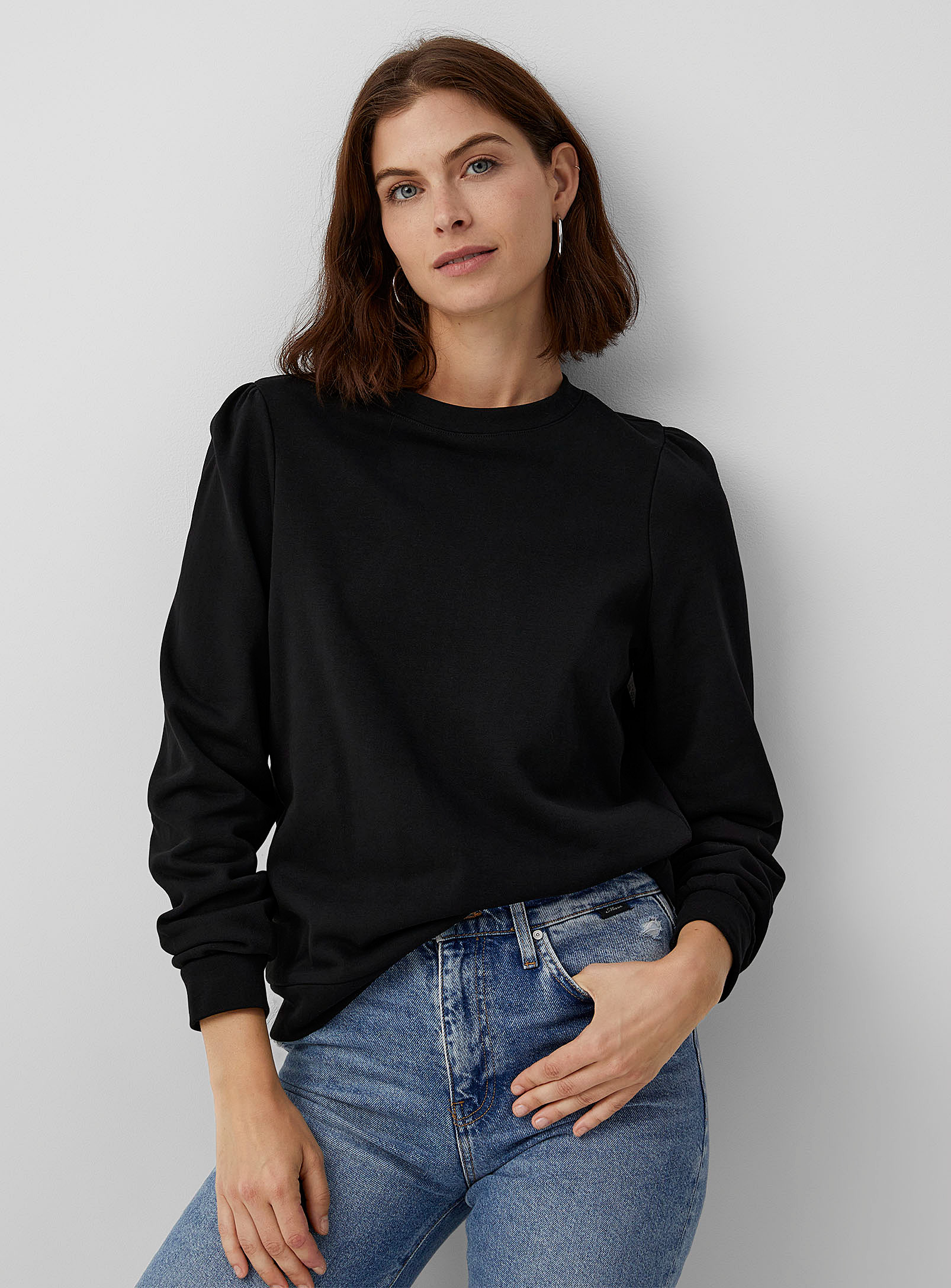 Contemporaine Puff-sleeve French Terry Sweatshirt In Black