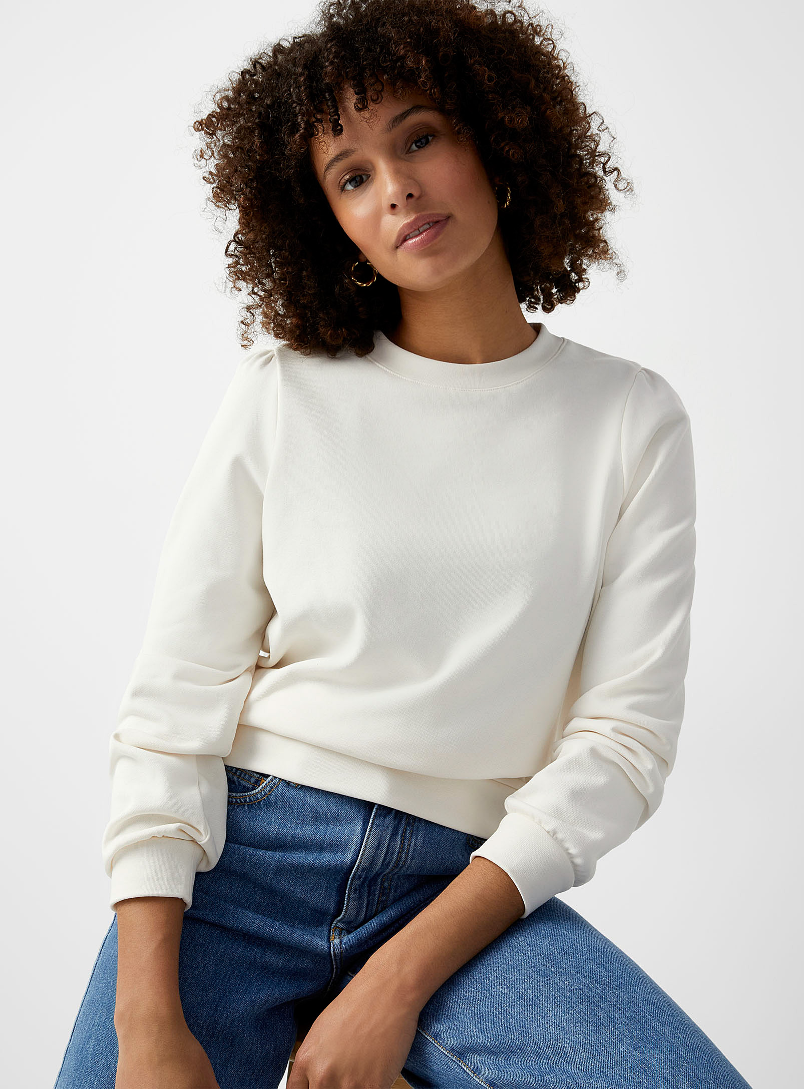 Contemporaine Puff-sleeve French Terry Sweatshirt In Sand