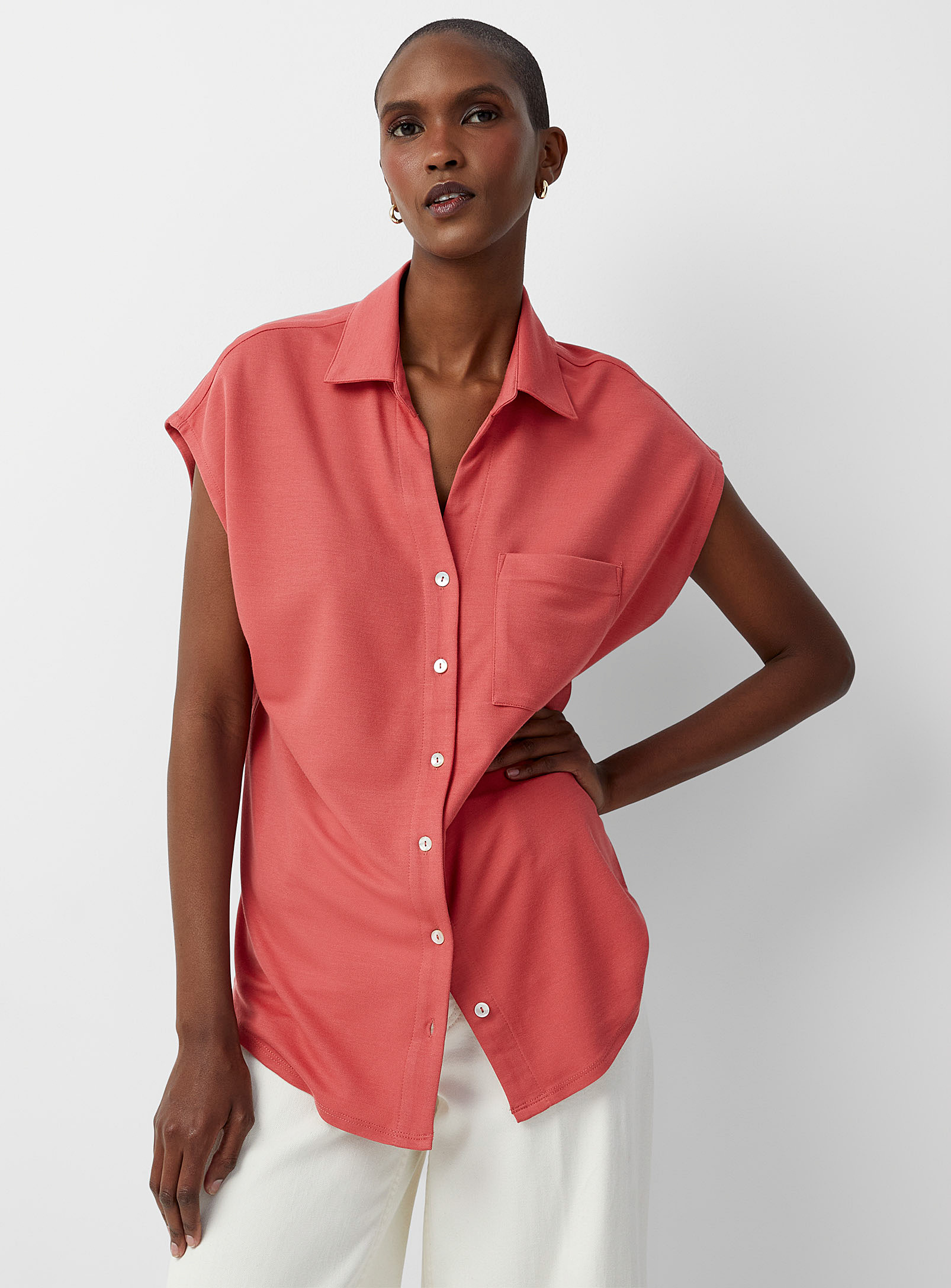 Contemporaine Lightweight Piqué Cap-sleeve Shirt In Ruby/vermilion