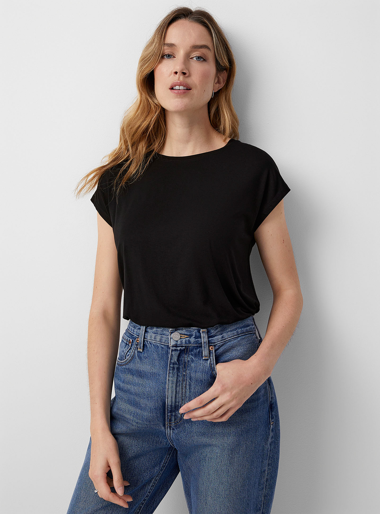 Contemporaine Soft Jersey Cap-sleeve T-shirt In Black