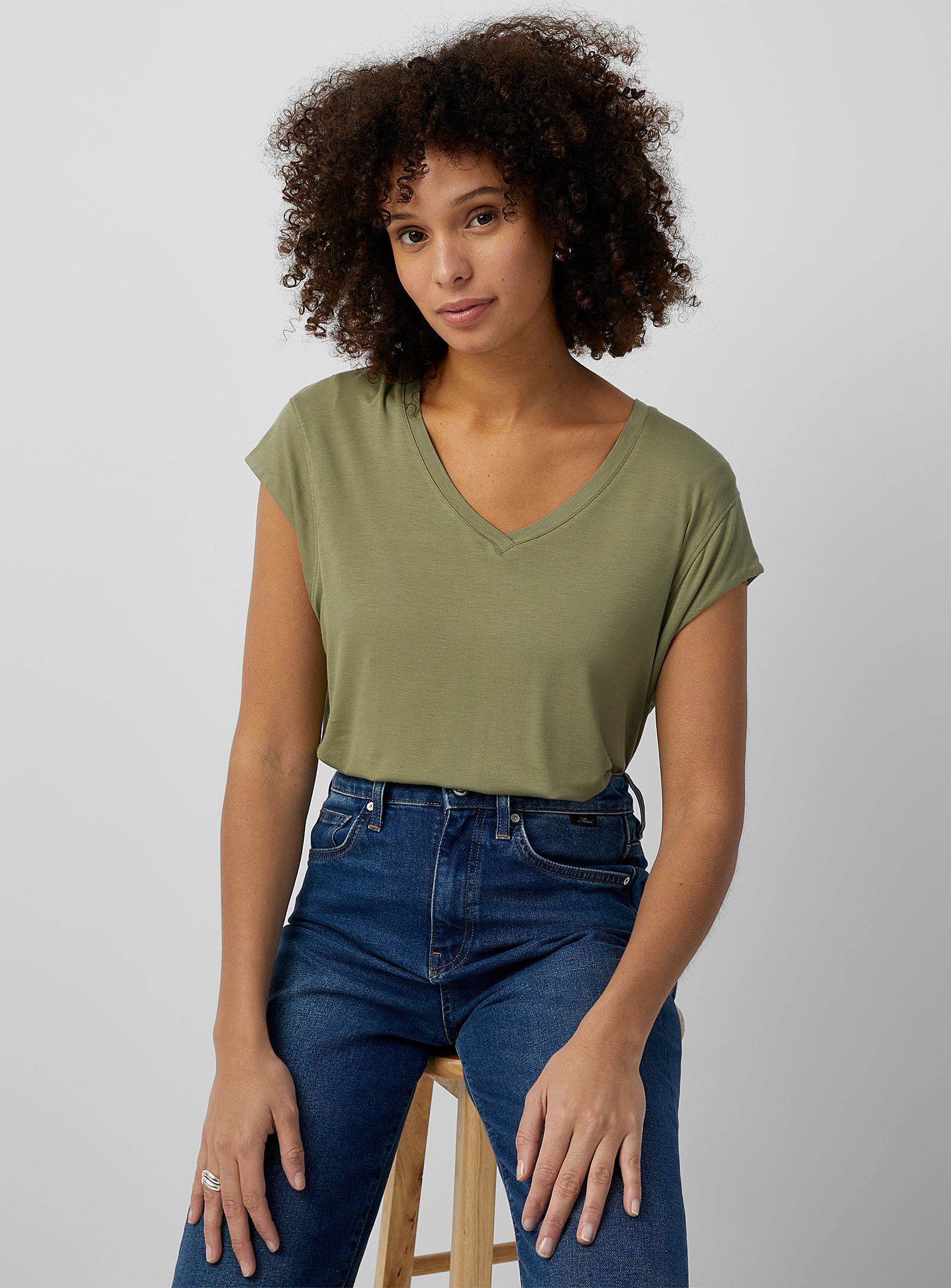 Contemporaine Cap-sleeve Flowy T-shirt In Mossy Green