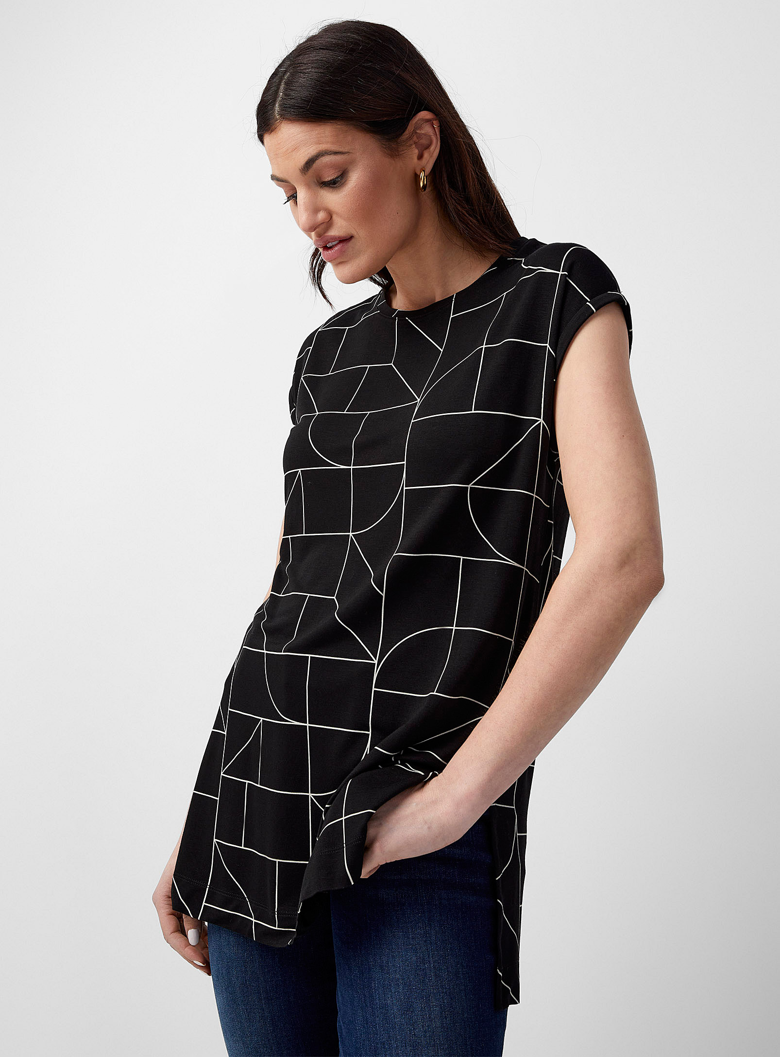 Contemporaine Printed Jersey Cap-sleeve Tunic In Black