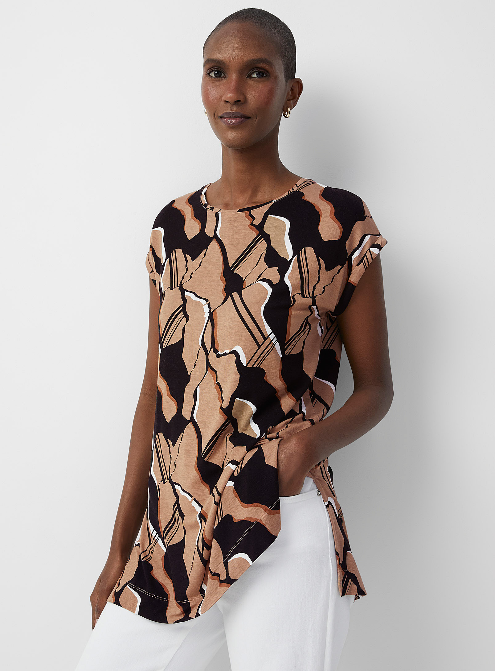 Contemporaine Printed Jersey Cap-sleeve Tunic In Sand
