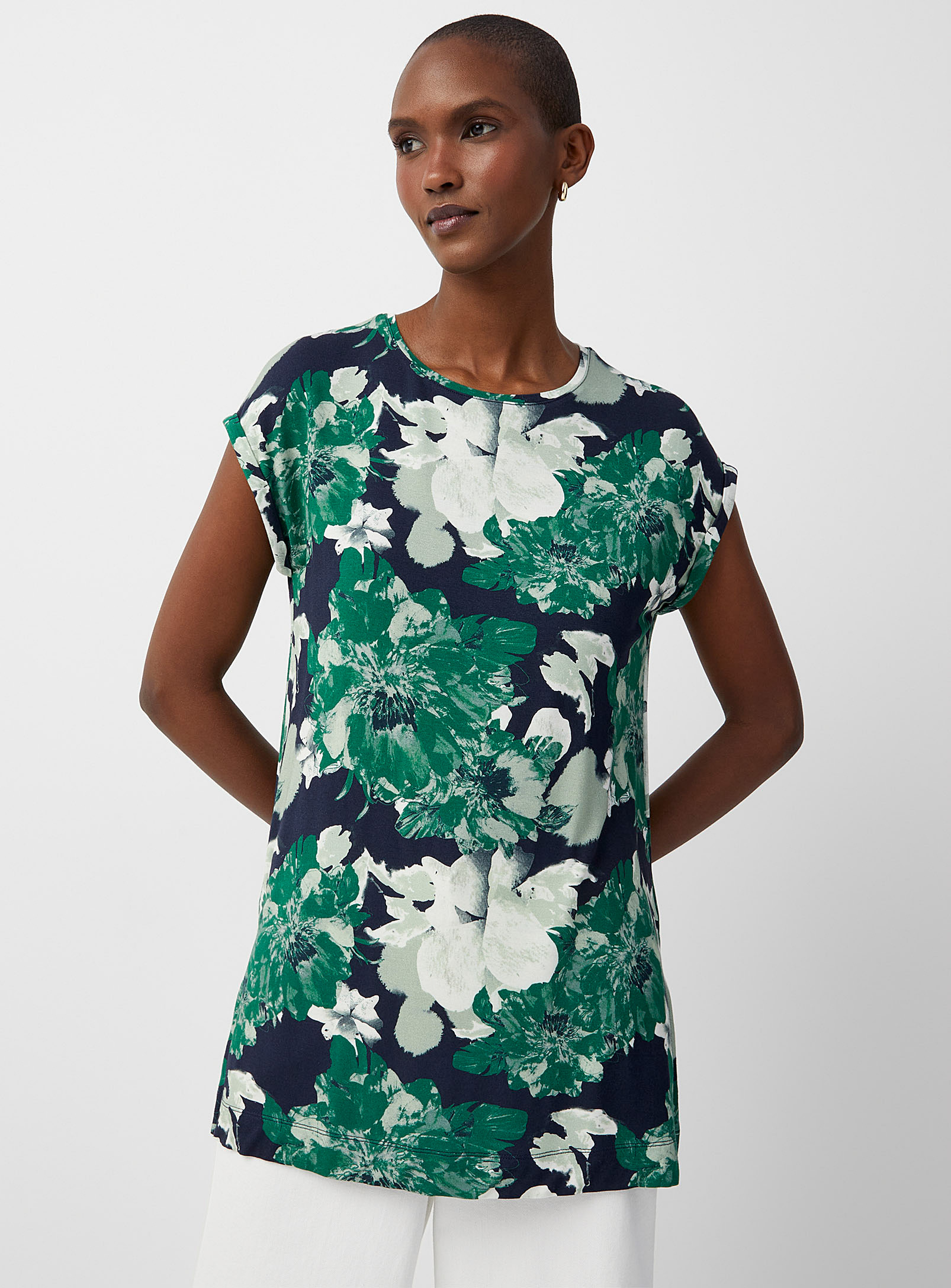 Contemporaine Printed Jersey Cap-sleeve Tunic In Patterned White