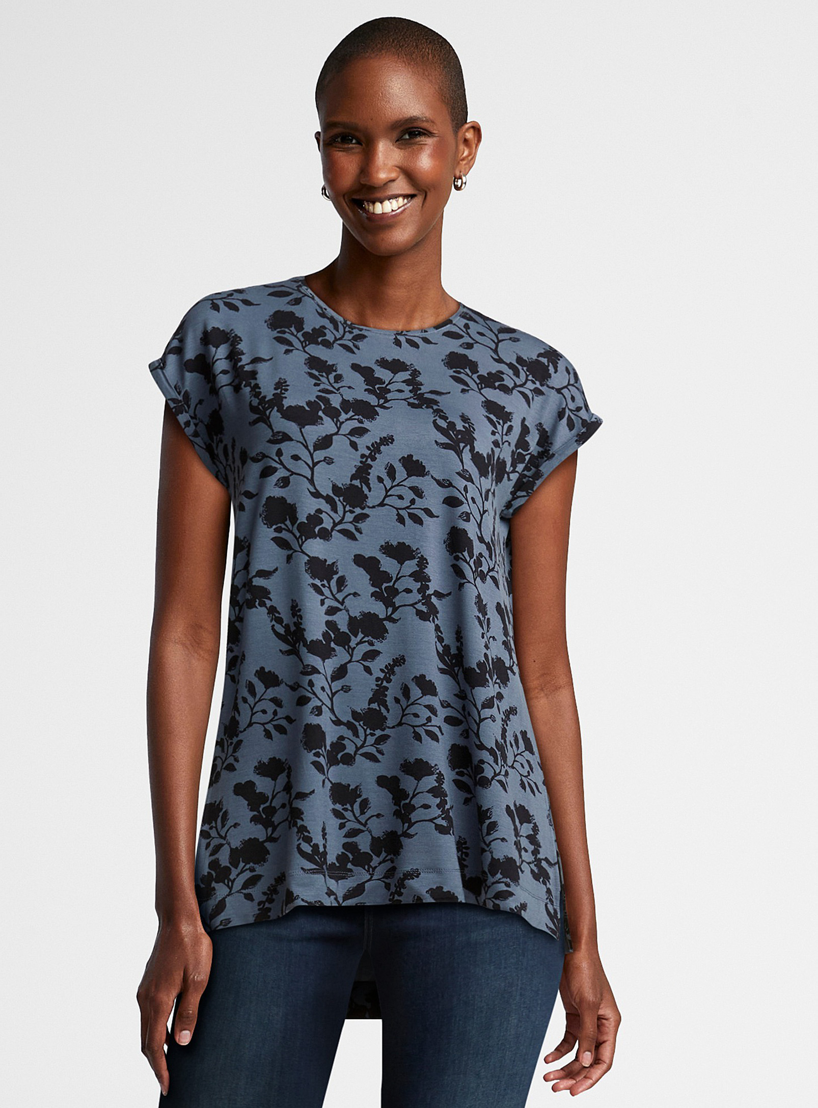 Contemporaine Printed Jersey Cap-sleeve Tunic In Navy/midnight Blue