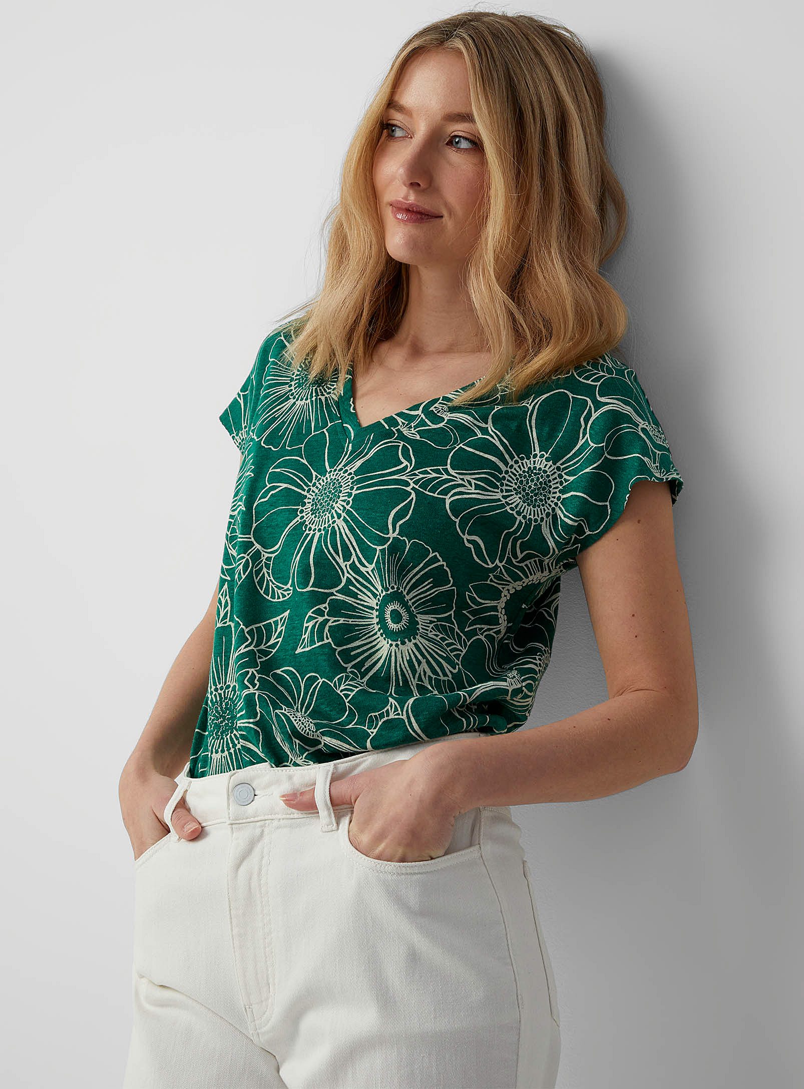 Contemporaine Printed Linen Cap-sleeve Tee In Patterned Green