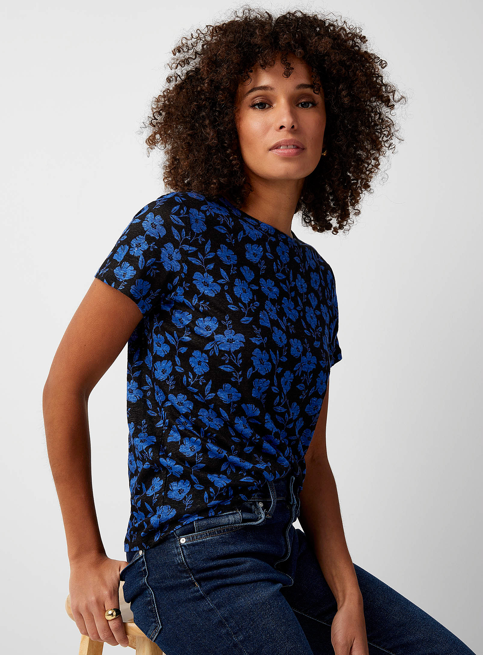Contemporaine Printed Linen Crew-neck T-shirt In Patterned Blue