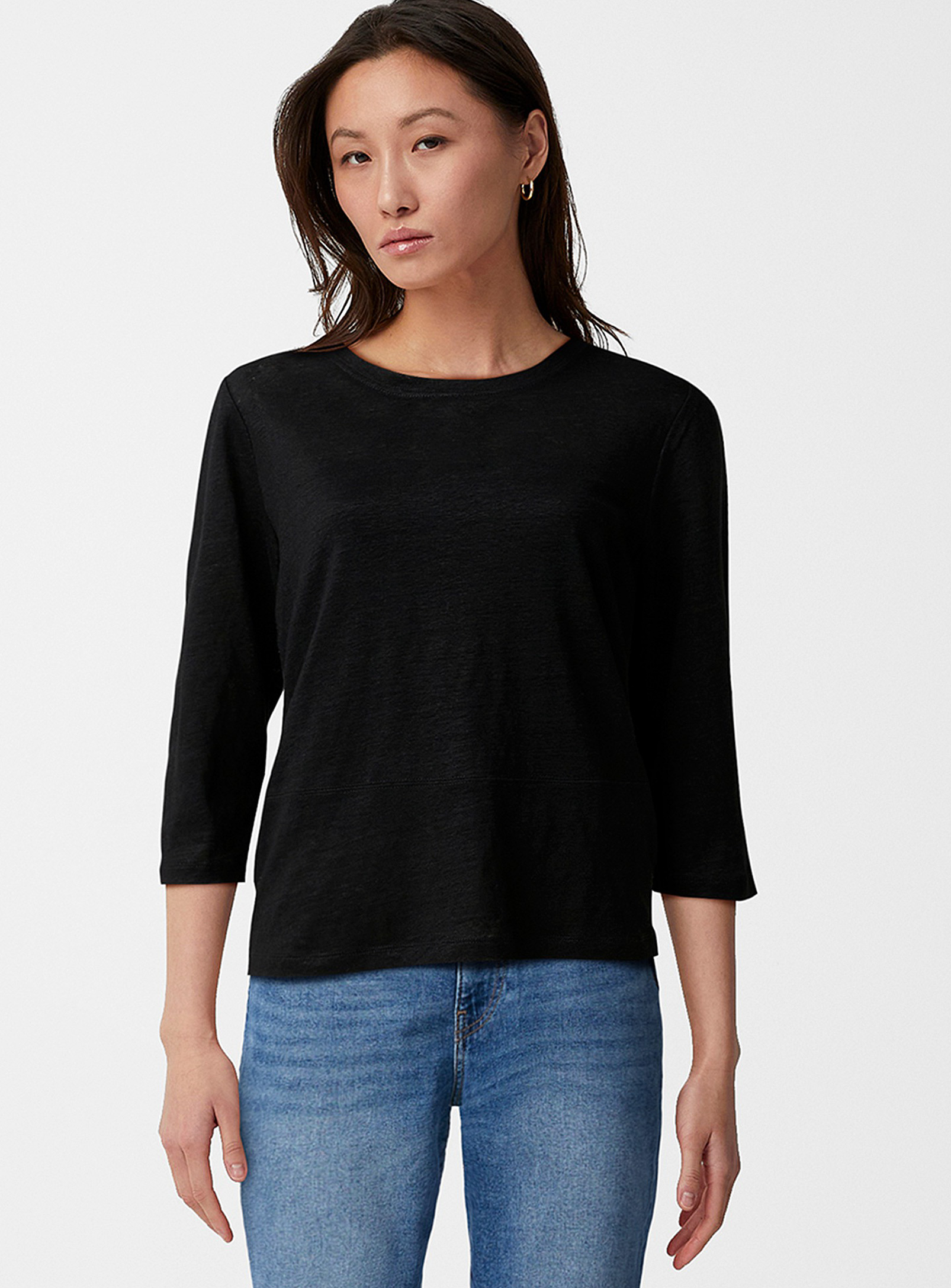 Contemporaine Buttoned Back Organic Linen T-shirt In Black
