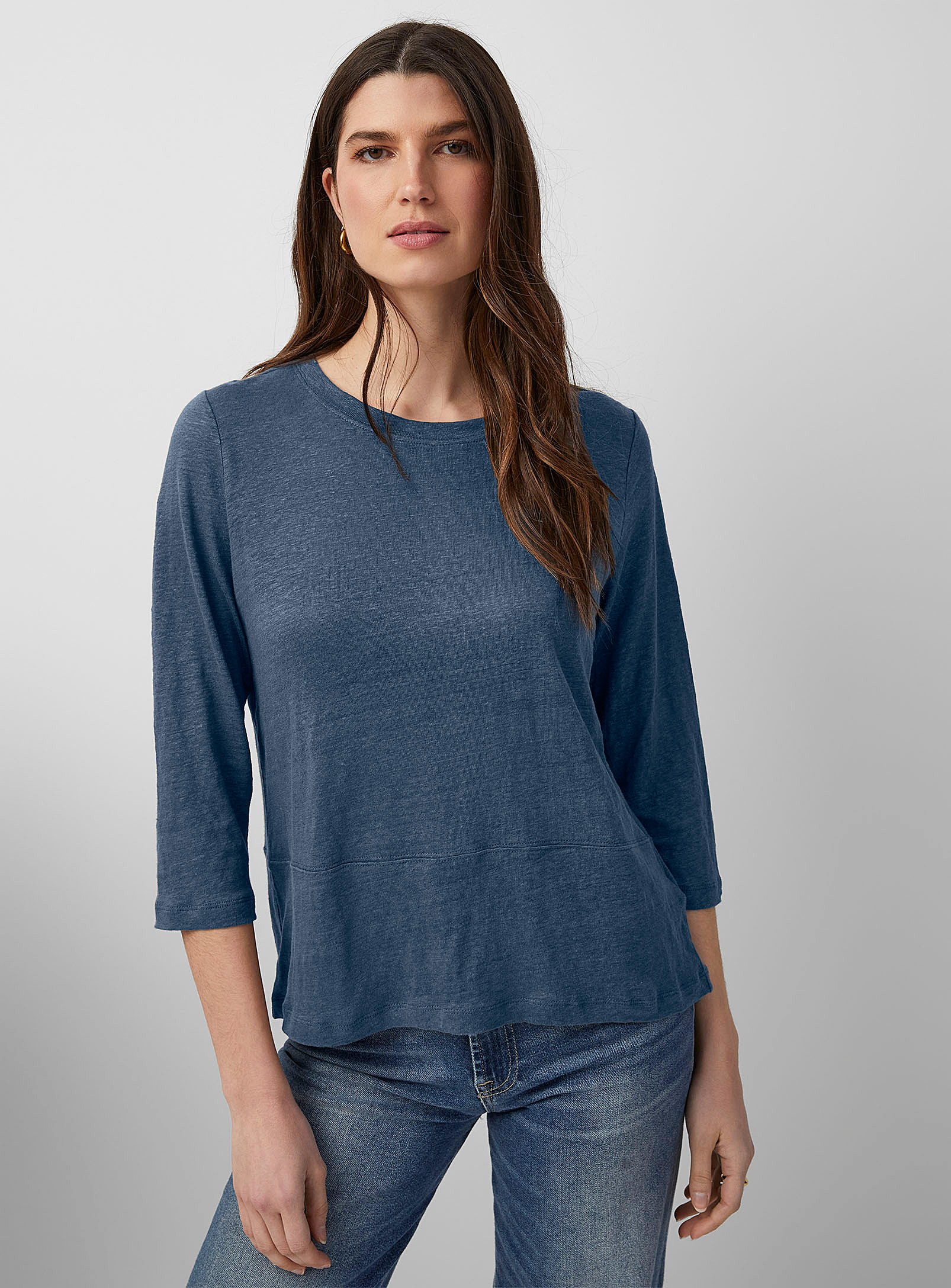 Contemporaine Buttoned Back Organic Linen T-shirt In Dark Blue