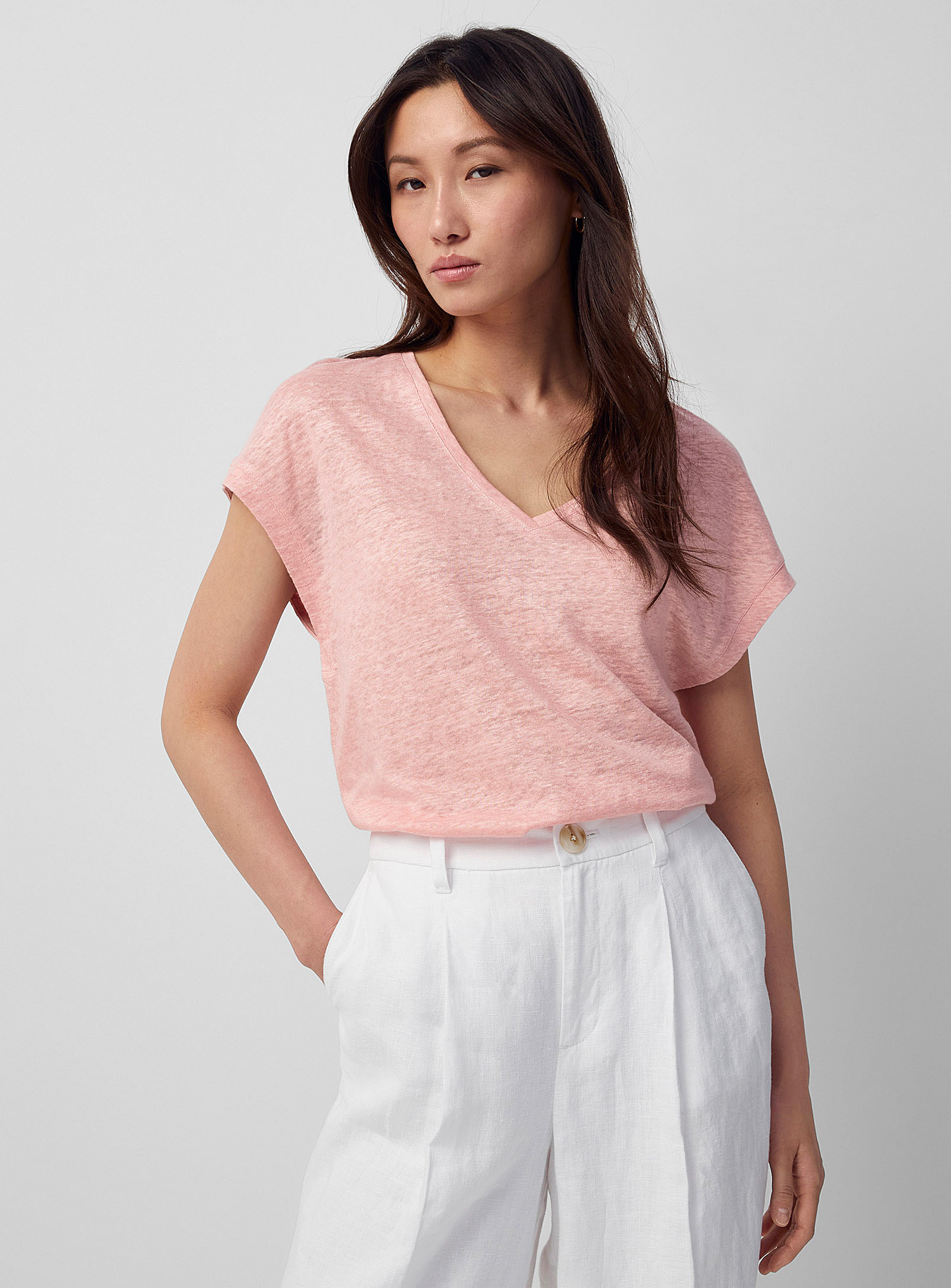 Contemporaine Pure Linen Cap-sleeve T-shirt In Pink