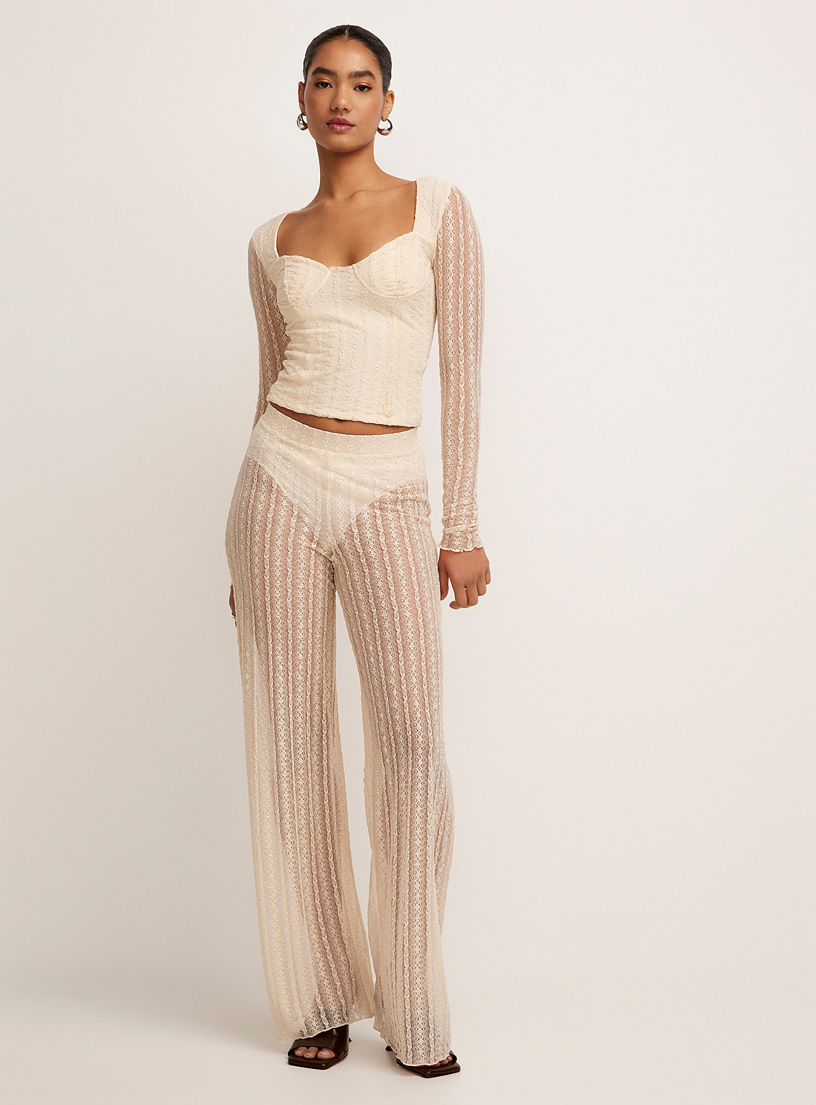 Icone Stretch Lace Wide-leg Pant In Ivory White
