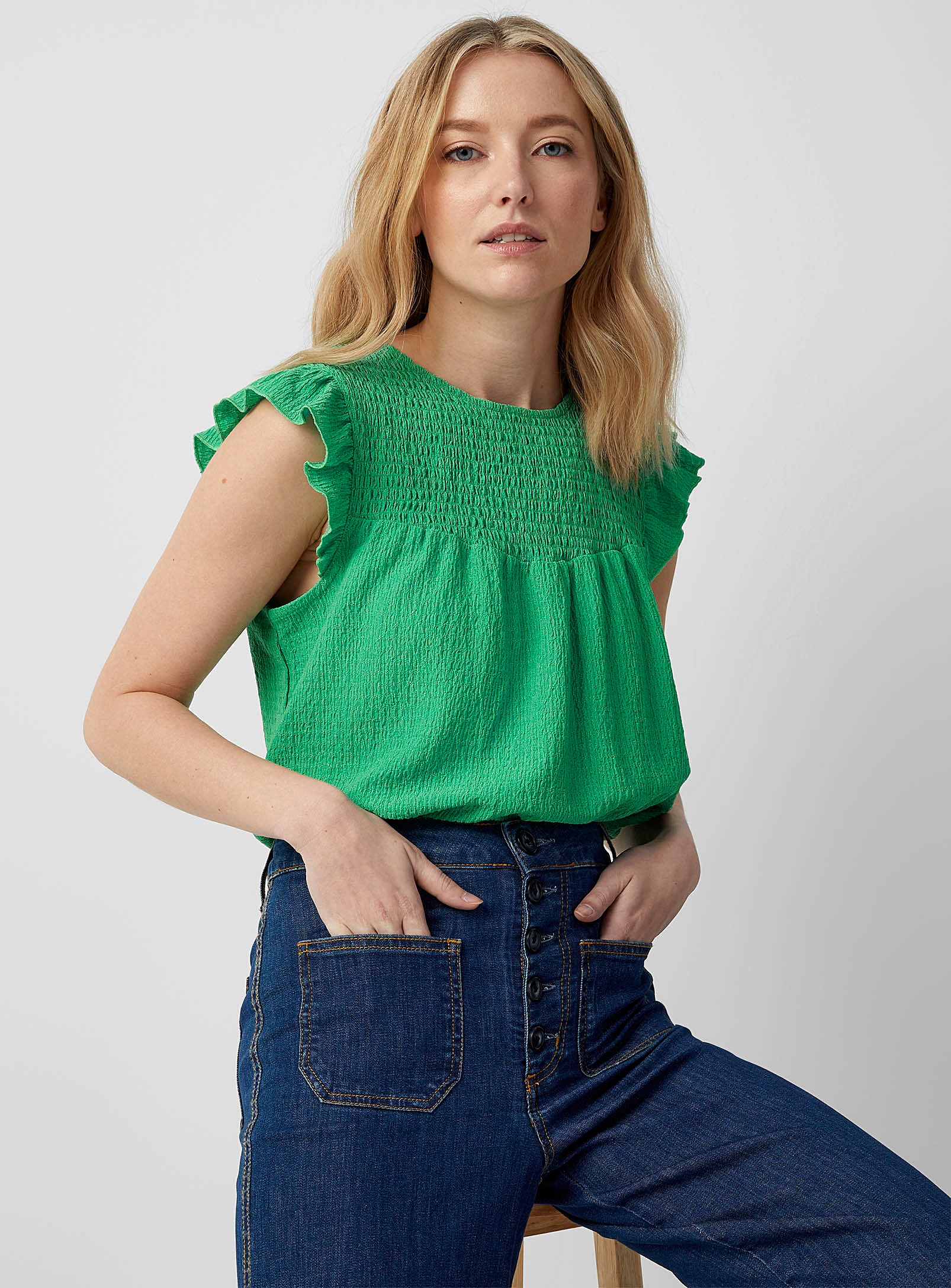 Contemporaine Cap Sleeves Ruched Cami In Green