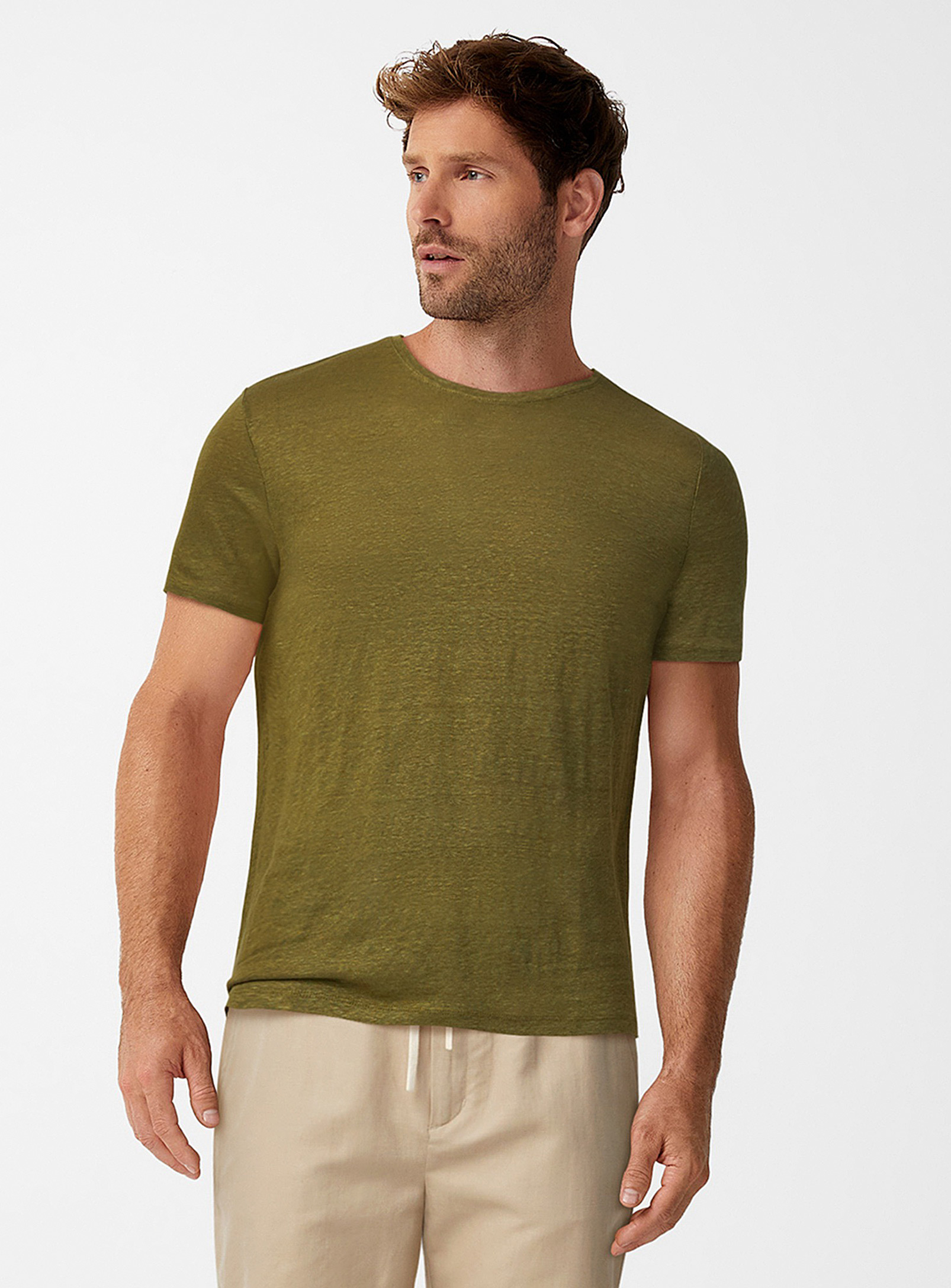 Le 31 European Flax Tm Pure Linen Jersey T-shirt In Mossy Green