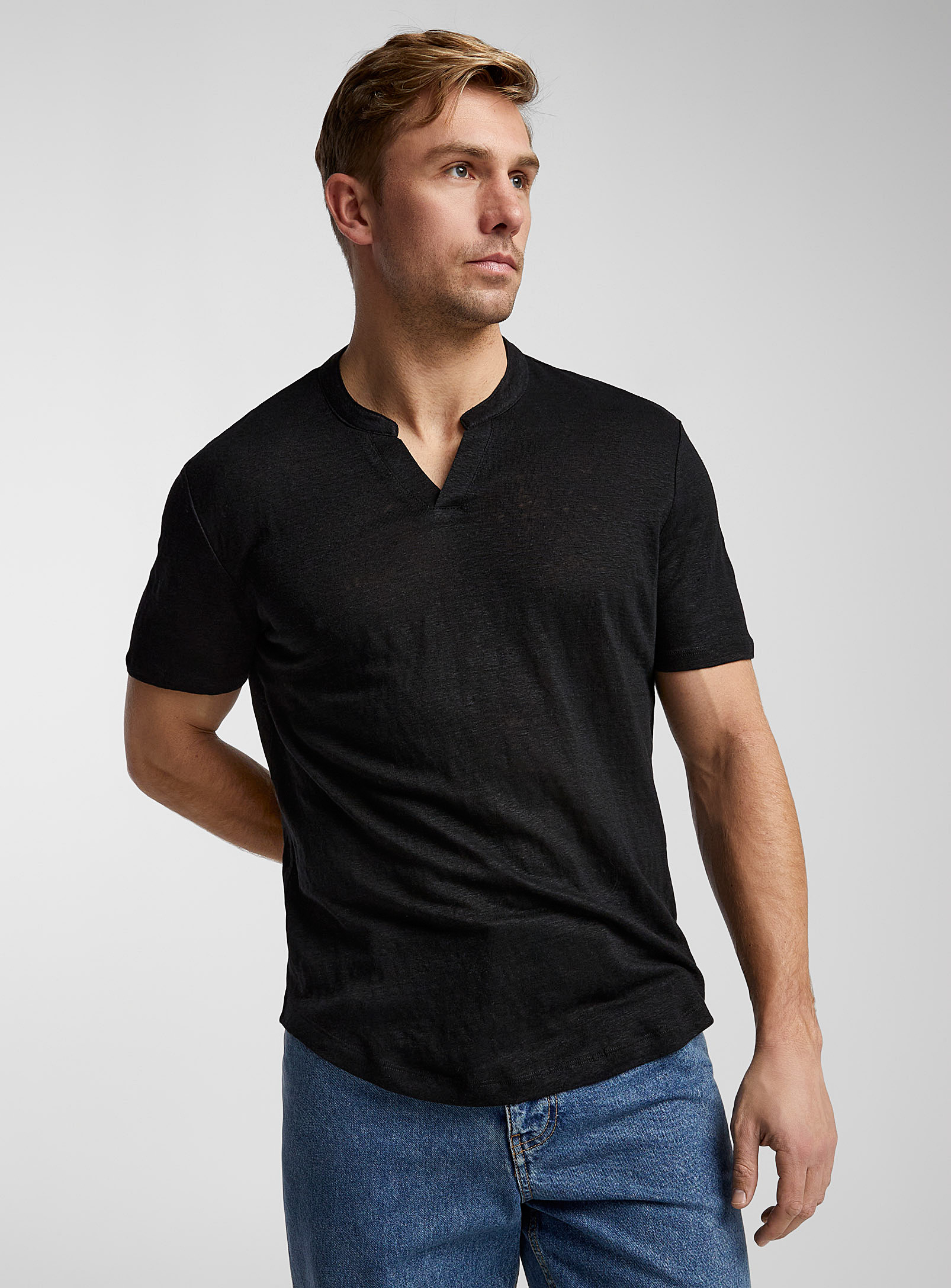 Le 31 European Flax Tm Pure Linen Split-collar T-shirt In Black