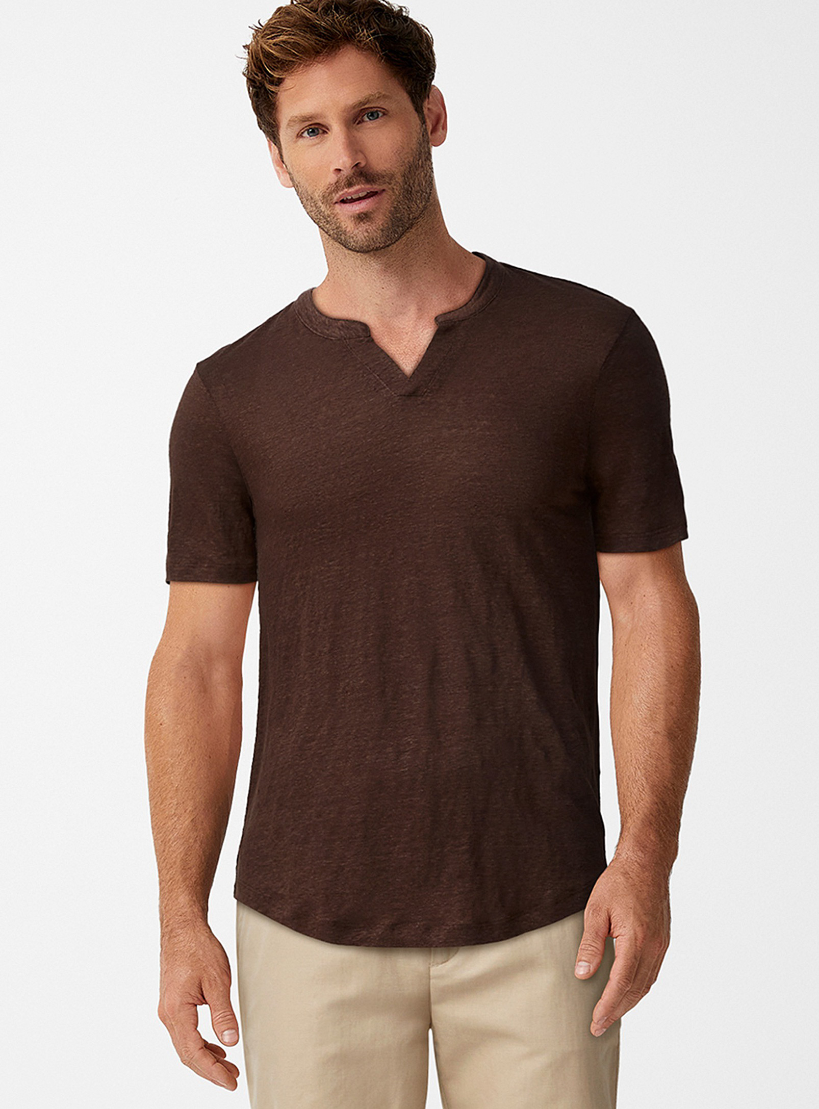 Le 31 European Flax Tm Pure Linen Split-collar T-shirt In Brown