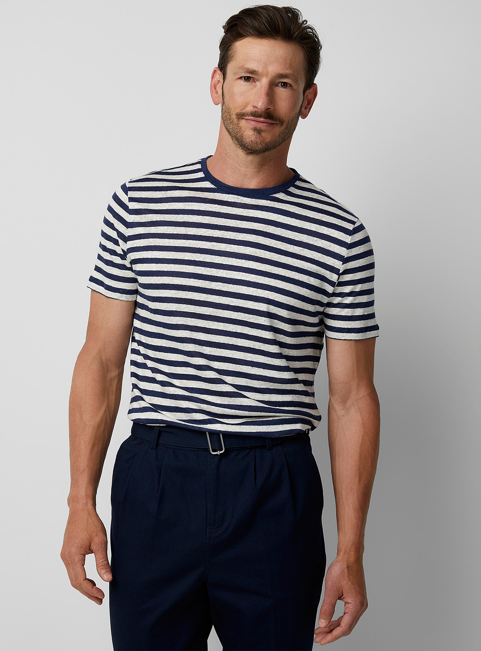 Le 31 Pure European Flax Tm Linen Jersey Striped T-shirt In Navy/midnight Blue