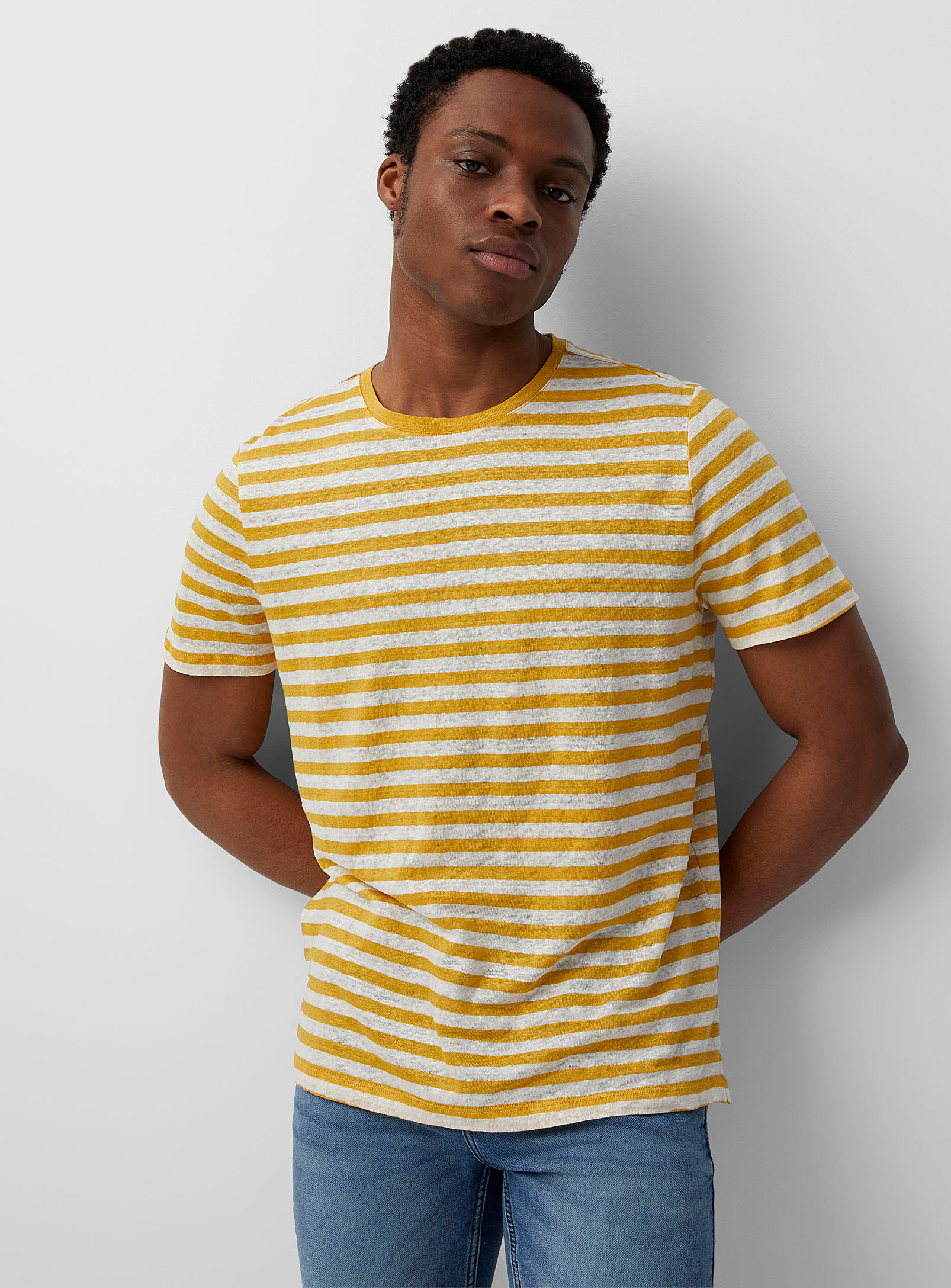 Le 31 Pure European Flax Tm Linen Jersey Striped T-shirt In Sunflower Yellow