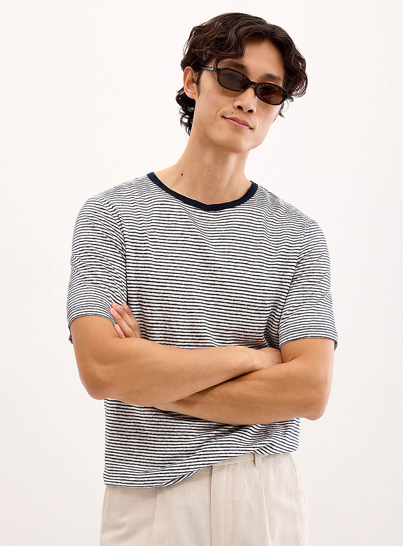 Twin-Stripe 100% Linen Jersey T-Shirt Comfort Fit