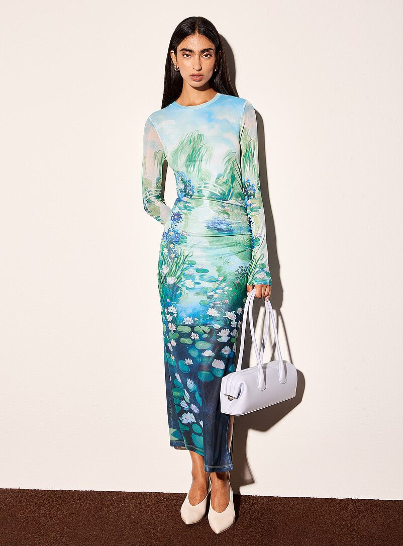 Printed micro-mesh midi dress with side slit product image (primary)