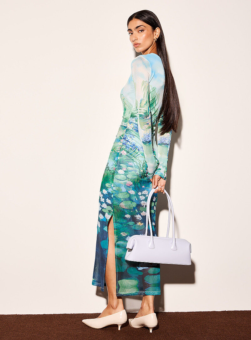Printed micro-mesh midi dress with side slit product image 2