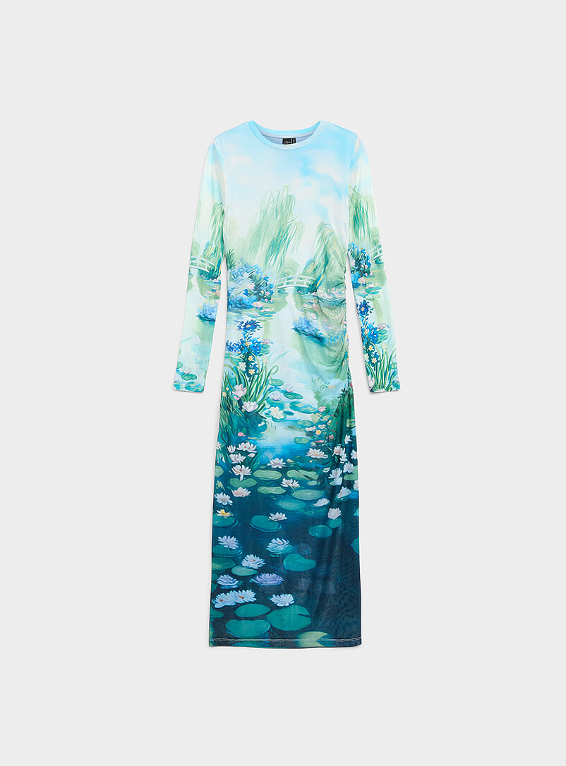 Printed micro-mesh midi dress with side slit product image 3