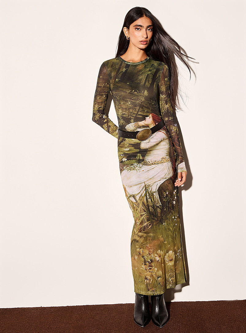 Printed Micro-Mesh Midi Dress With Side Slit