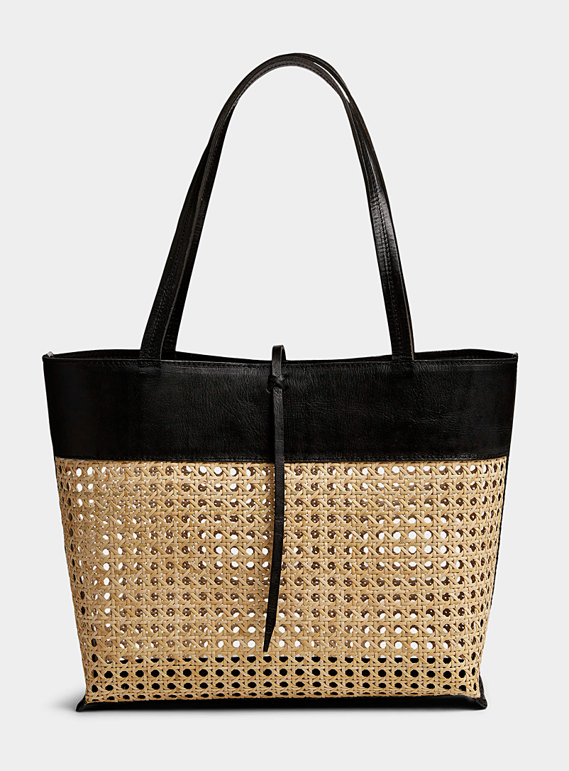 Simons Black Leather-trim cane tote for women