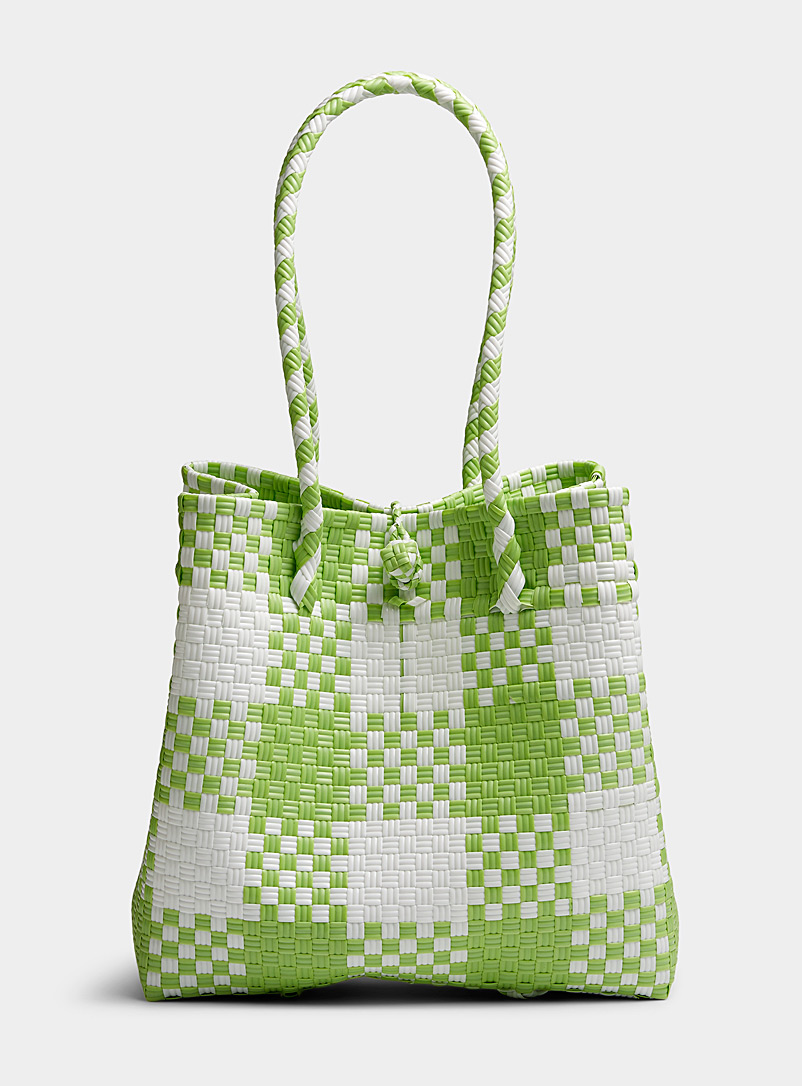 Simons Patterned Green Two-tone check basketweave tote for women