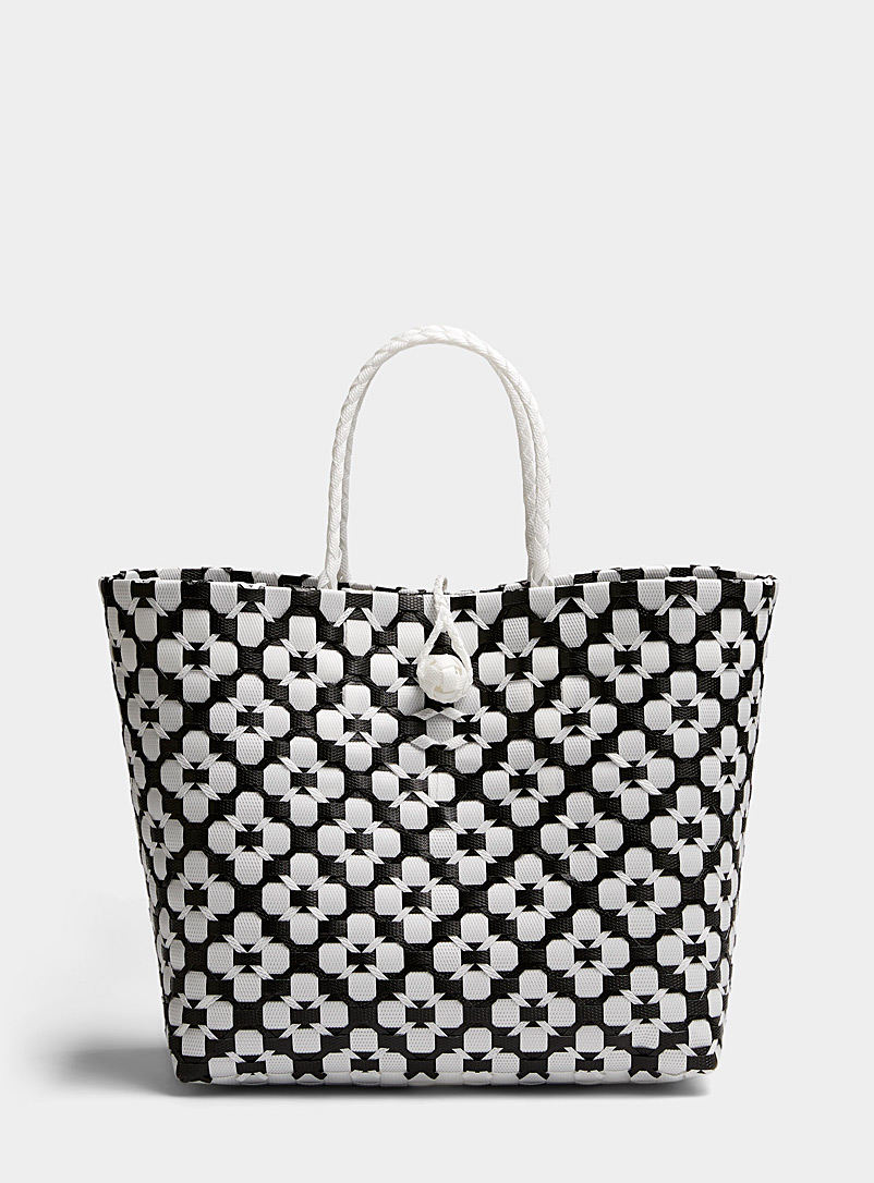 Simons Patterned Black Two-tone geo basketweave tote for women