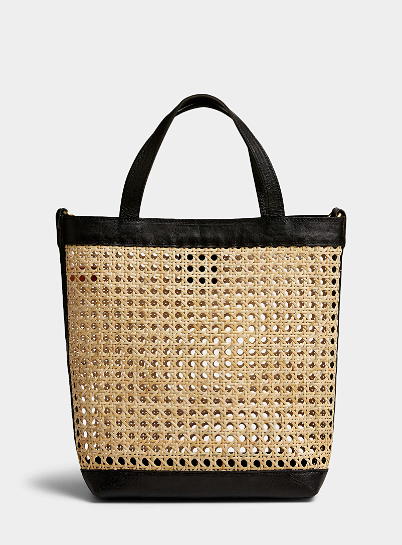 Simons Black Leather-trim square cane bag for women