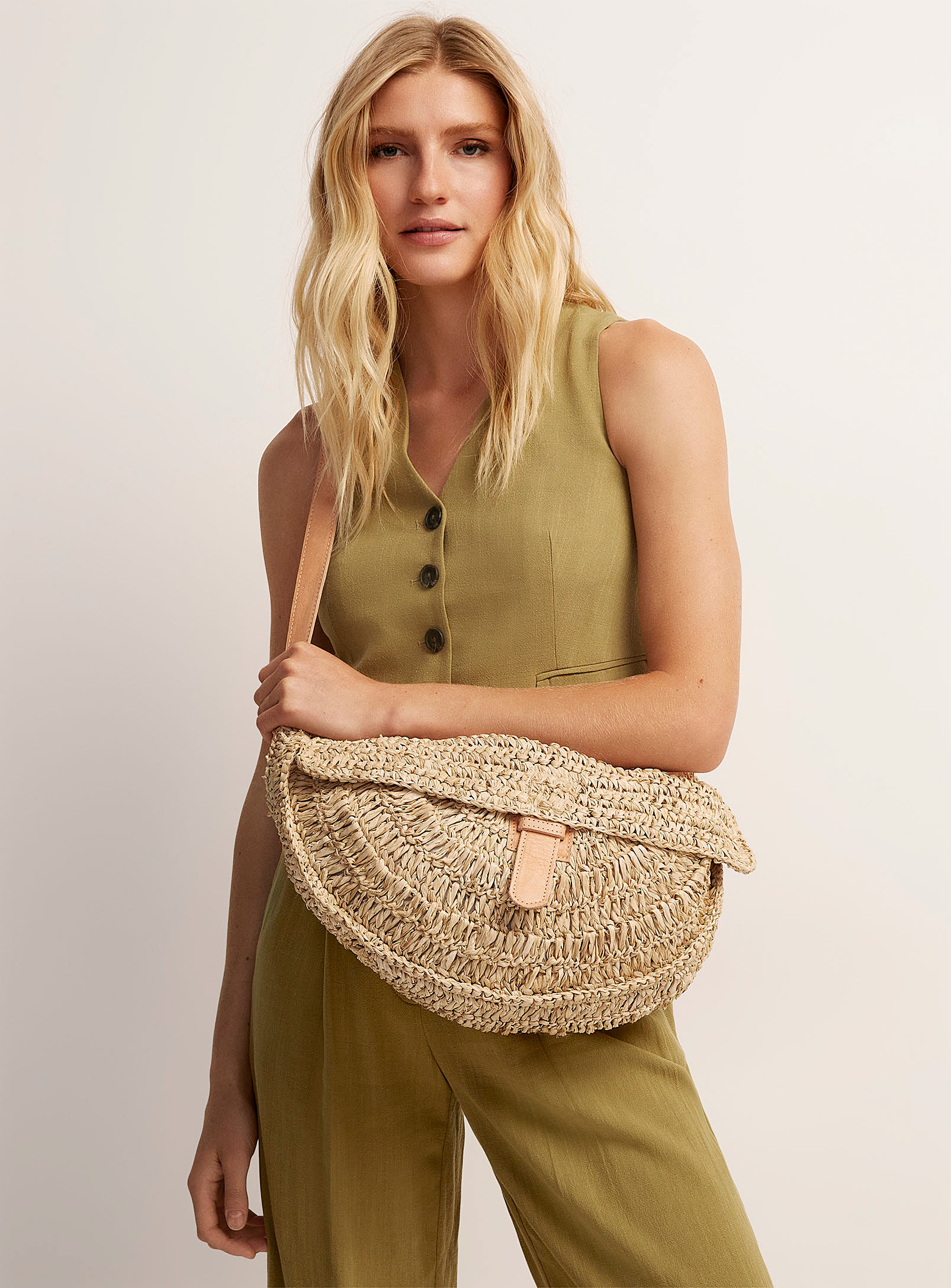 Simons - Women's Leather details braided straw half-moon bag