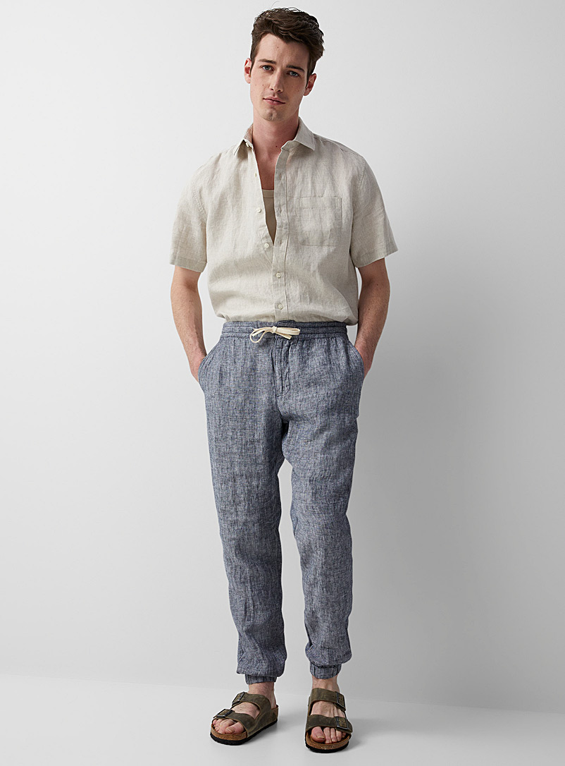 Le 31 Marine Blue Pure linen chambray joggers for men