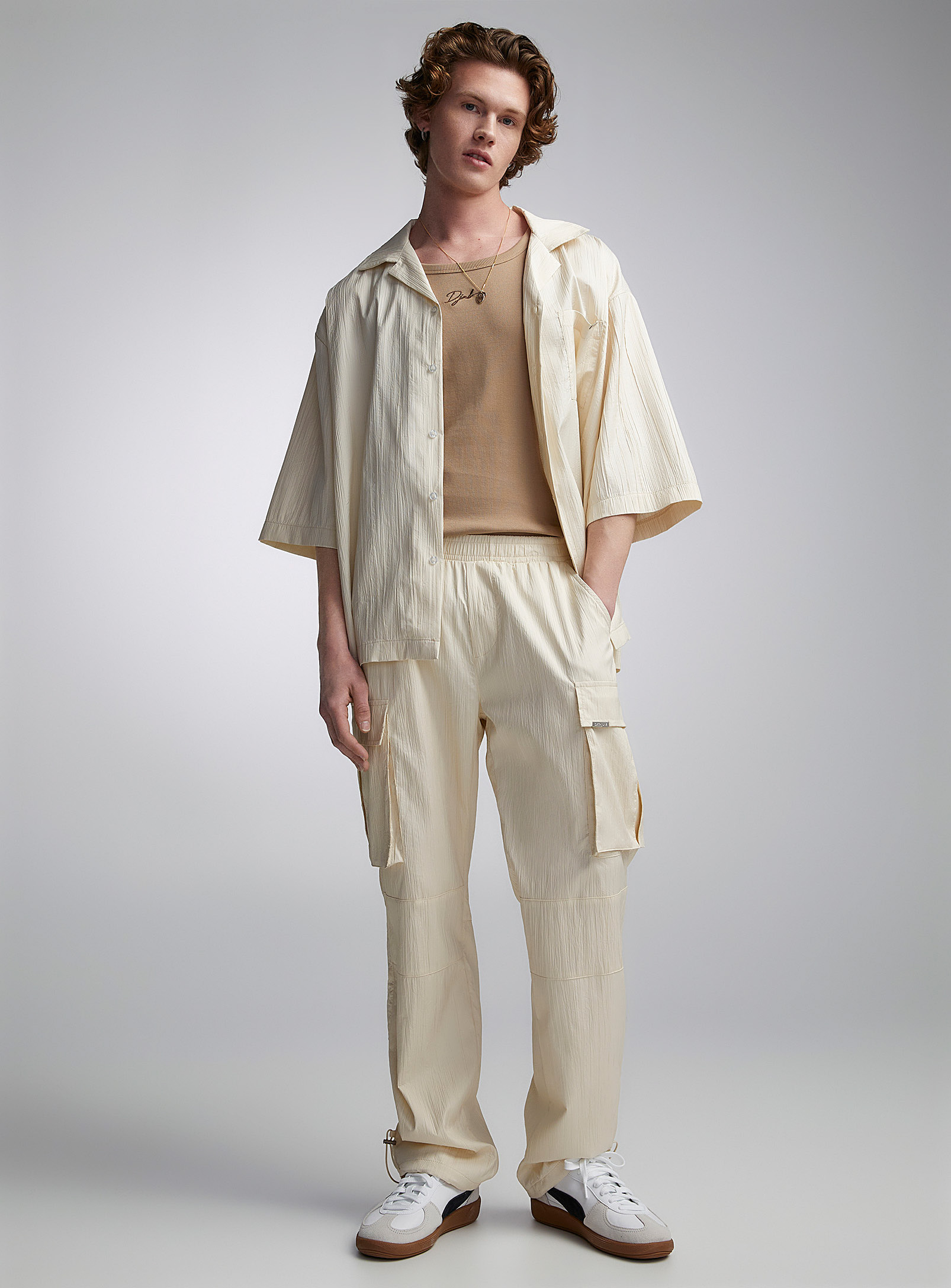 Sixth June Crinkled-texture Cargo Pant Straight Fit In Ivory/cream Beige