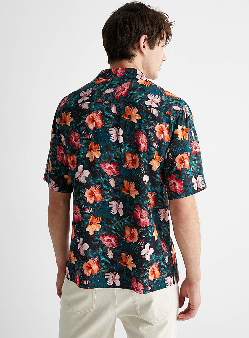 Le 31 Patterned Black Tropical garden camp shirt for men