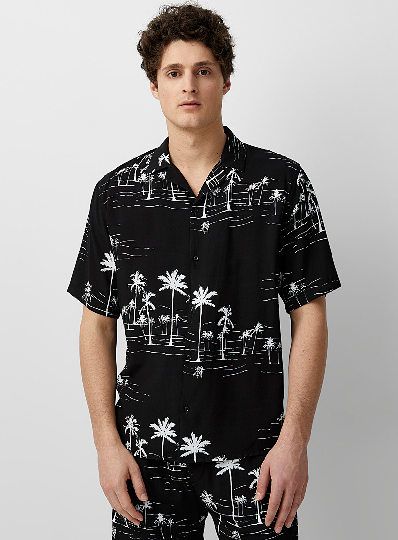 Le 31 Black and White Nocturnal tropical camp shirt for men