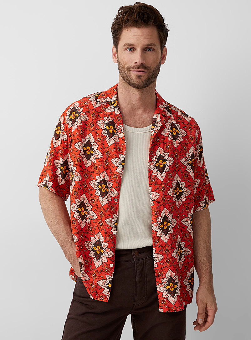 Le 31 Orange Floral mosaic camp shirt Comfort fit for men