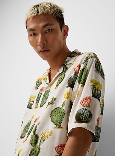 Djab Patterned White Flowering cactus camp shirt for men