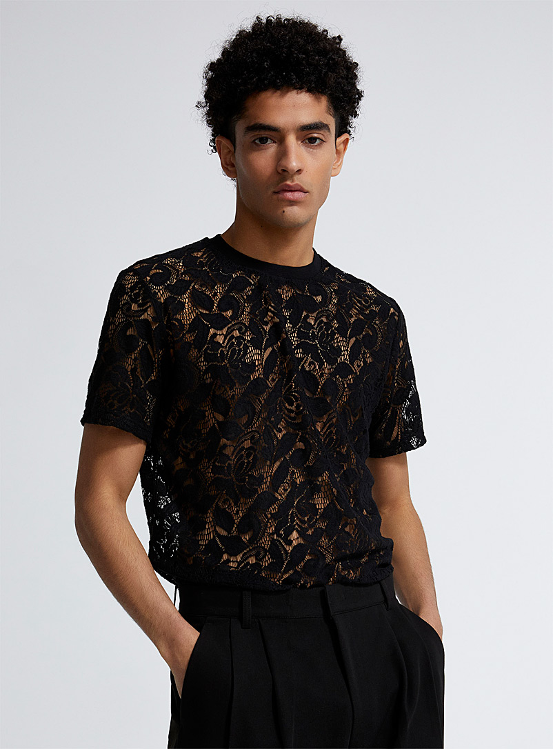 Le 31 Black Floral lace T-shirt for men
