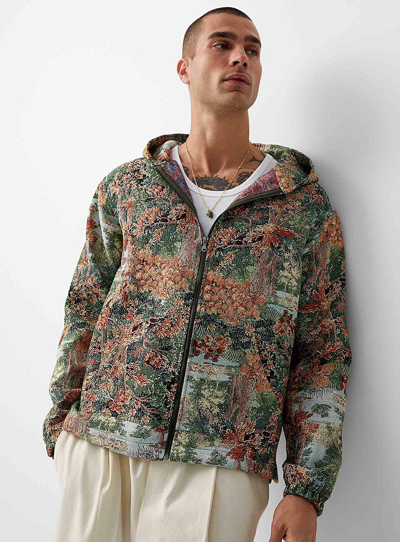 Le 31 Patterned green Retro jacquard zip-up hoodie for men