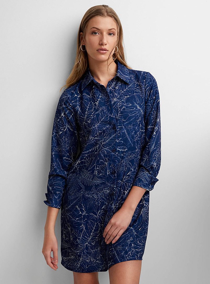 Icône Patterned Blue Printed satin long shirt for women