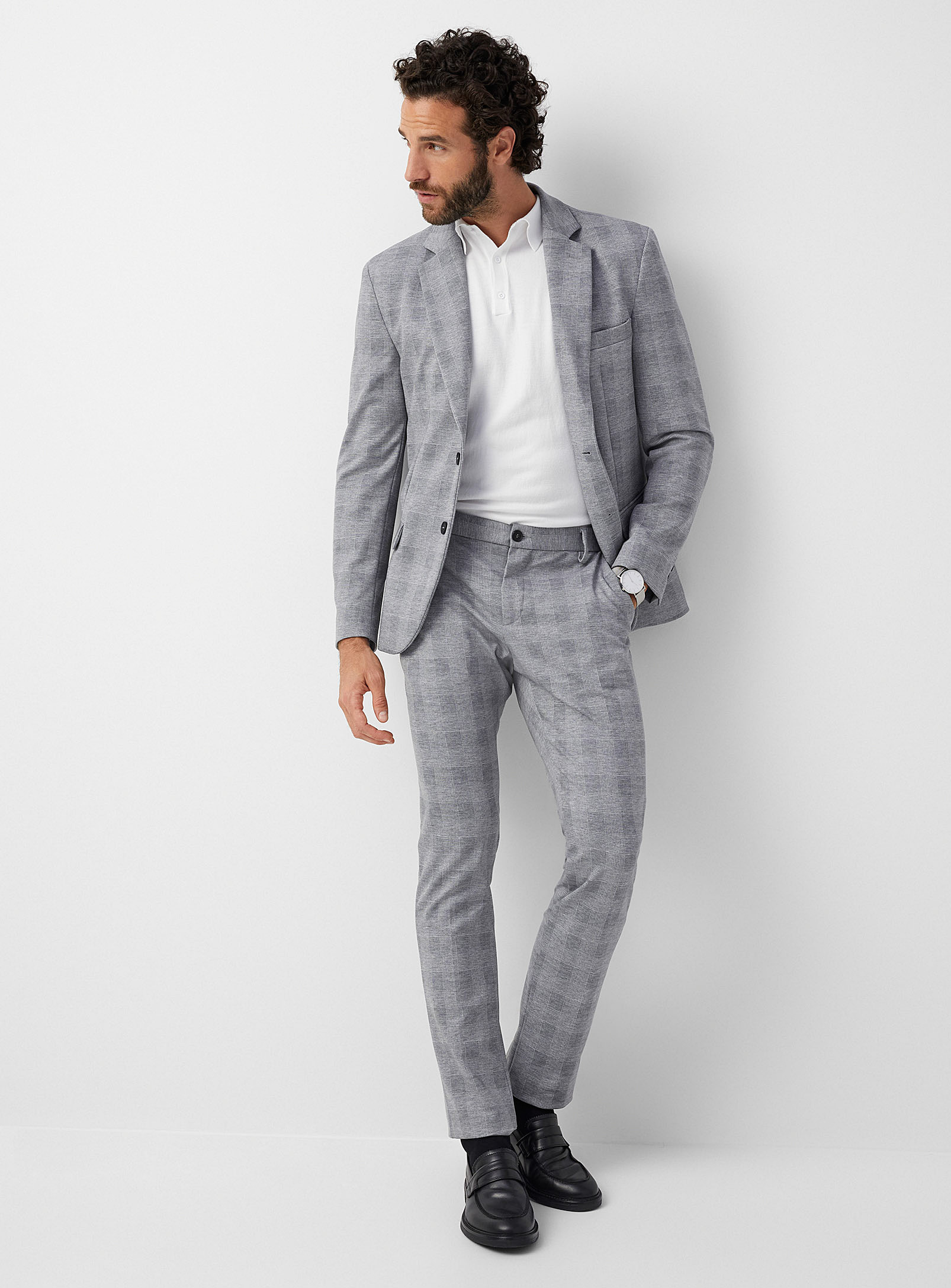 Le 31 Prince Of Wales Stretch-knit Pant Slim Fit In Light Grey