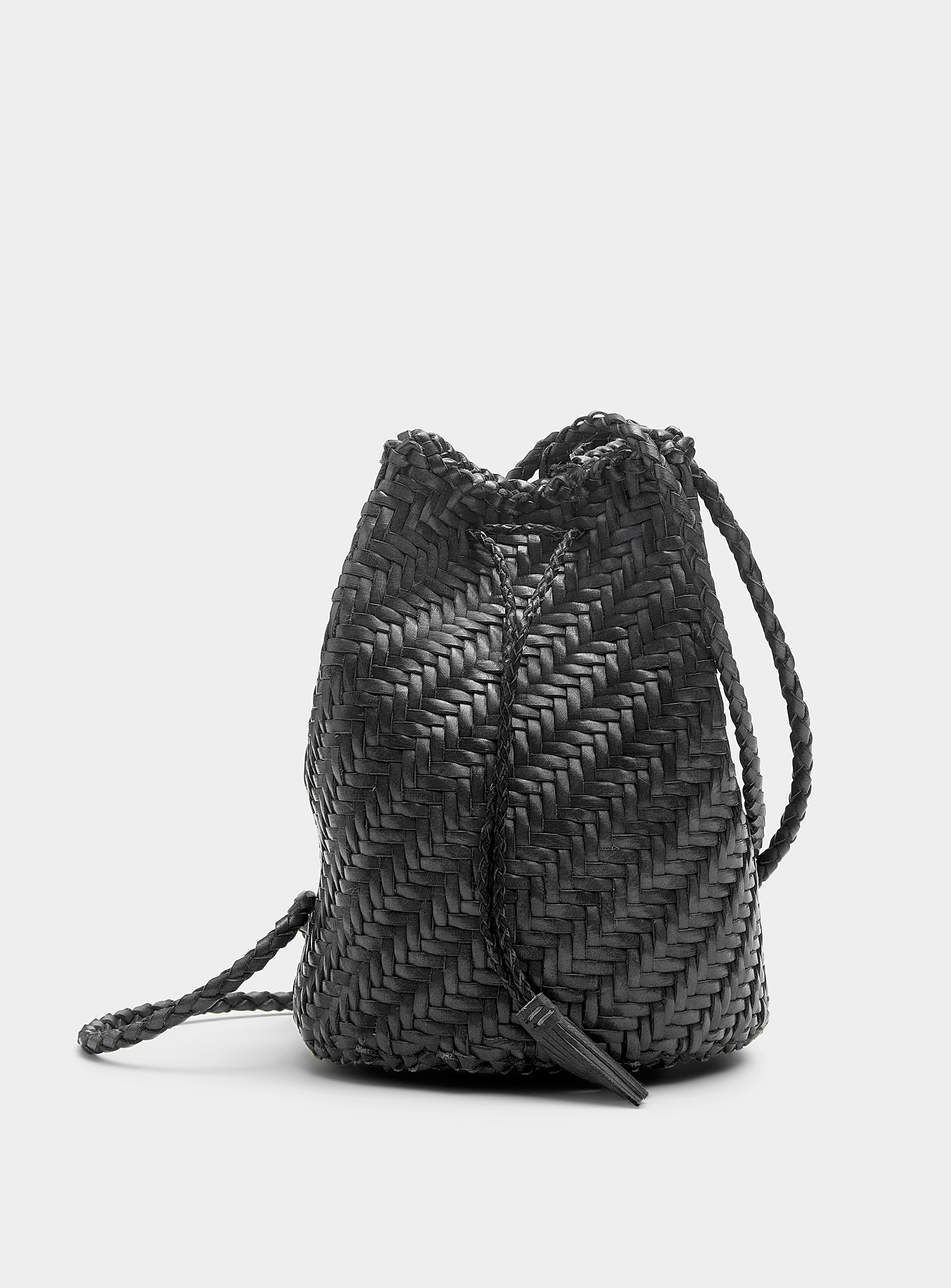 Dragon Jump Braided Leather Bucket Bag In Black