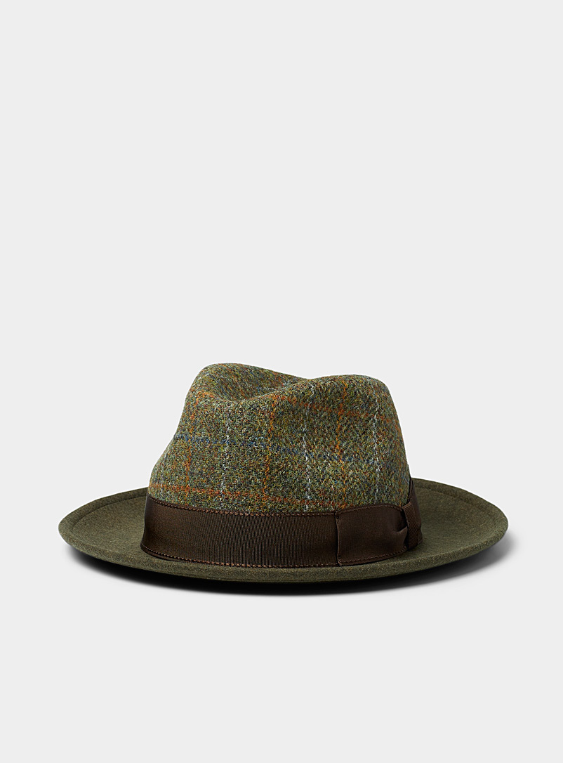 Le 31 Mossy Green Check tweed fedora for men