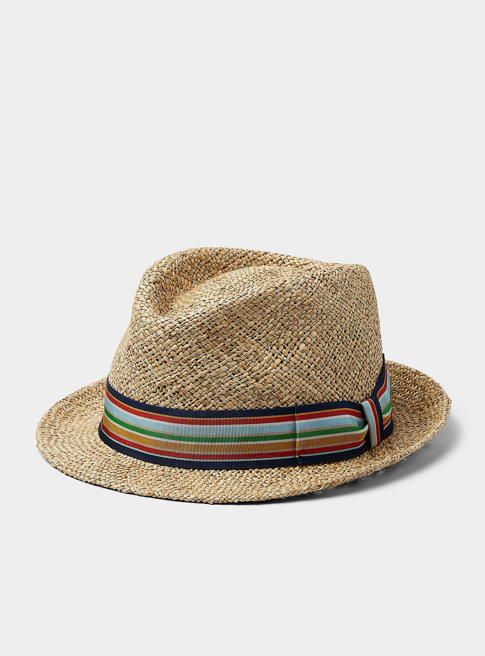 Colourful-band Straw Fedora In Patterned Ecru