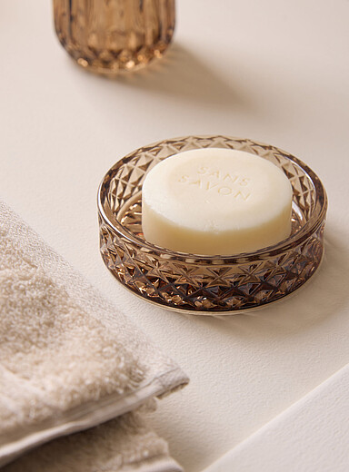 Tinted and textured glass soap dish