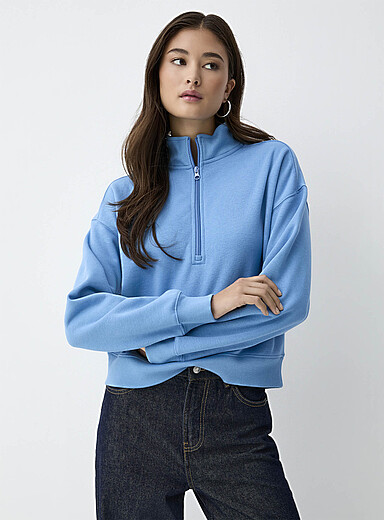 Twik Slate Blue Boxy-fit zipped mock-neck sweatshirt for women